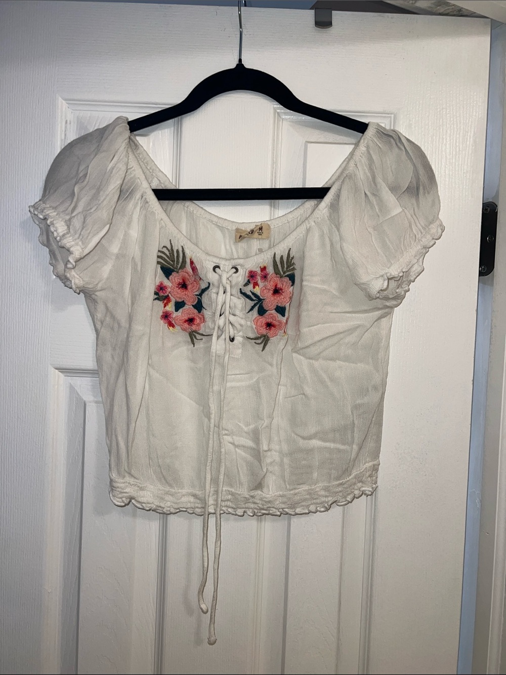 Hollister White Embroidered Lace-Up Peasant Top